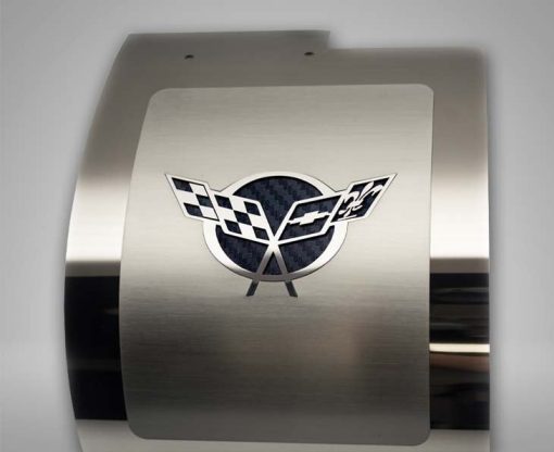 1997-2004 C5 Corvette - Deluxe Alternator Cover w/Crossed Flags Carbon Fiber Vinyl Inlay - Polished and Brushed Finish - Image 3